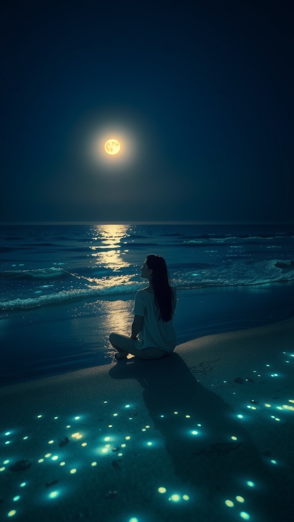 A person sits serenely on a glowing beach with a full moon illuminating the night sky and ocean.