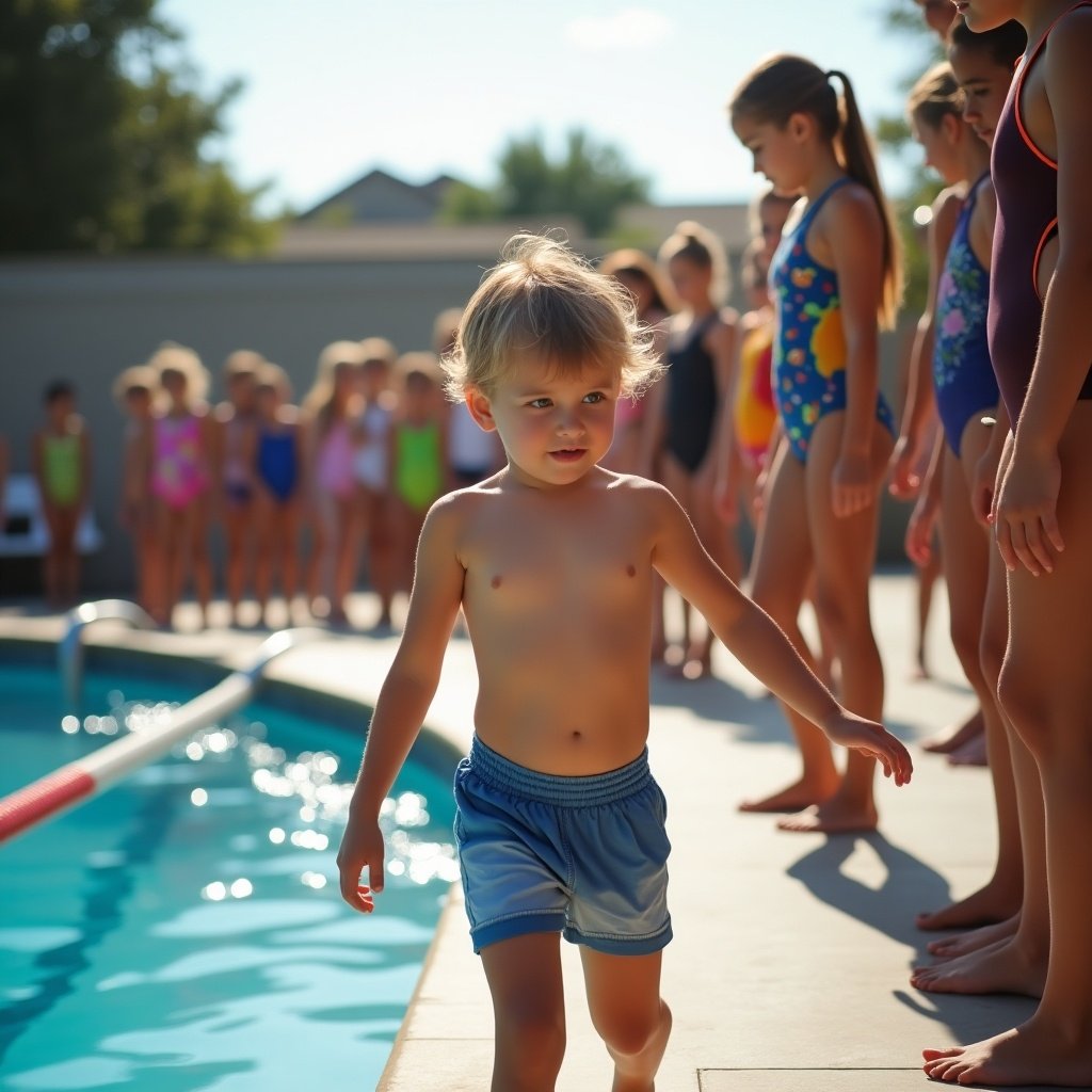 A young boy stands by a swimming pool as he prepares to join a girl's swim team. Children in colorful swimsuits gather around the pool.