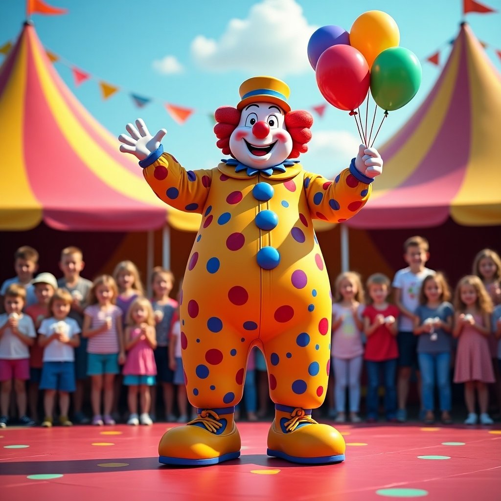 Clown with polka dots holding colorful balloons. Children and audience watching in background. Outdoor carnival setting with tents and decorations.