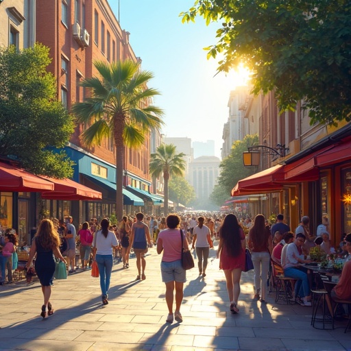 A lively urban street filled with pedestrians. Palm trees line the road. Sunlight shines over a vibrant atmosphere. People enjoy outdoor dining at cafes. Street level view highlights interaction.