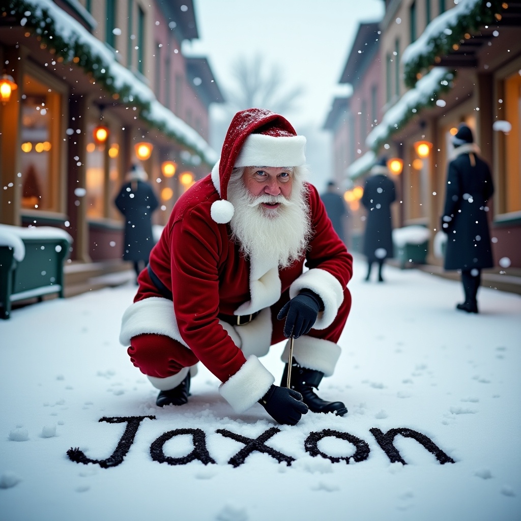 Santa Claus writes the name Jaxon in the snow. He wears traditional red and white attire. The street is snowy with charming buildings. Soft winter light creates warmth. The scene conveys cheerfulness for the holiday season.