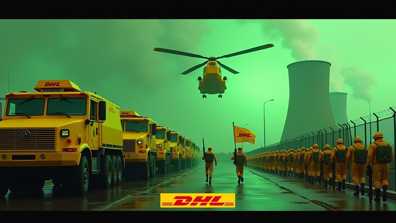 In a dramatic scene, large yellow armored cars with the DHL logo approach a fence. Soldiers in yellow uniforms march in unison, with one holding a DHL flag. A Chinook cargo helicopter flies overhead, set against a glowing green sky. The smokestacks of a nuclear power plant loom in the background, enhancing the intensity of the atmosphere. This strong portrayal symbolizes power and efficiency in delivery. The DHL logo prominently features at the bottom, reinforcing brand presence.