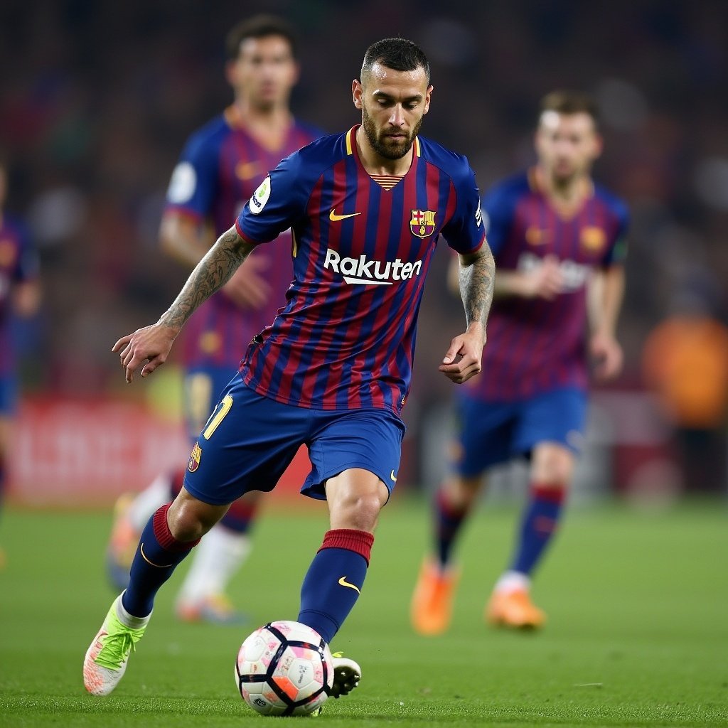 Image of football players wearing Barcelona jerseys during a match. They are engaged in a game, indicating a competitive atmosphere. The scene is set in a stadium with fans in the background.