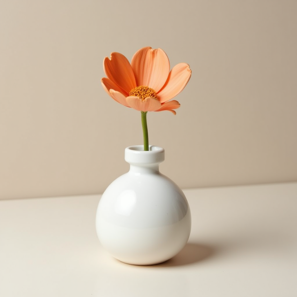 A single orange flower stands in a small white round vase.