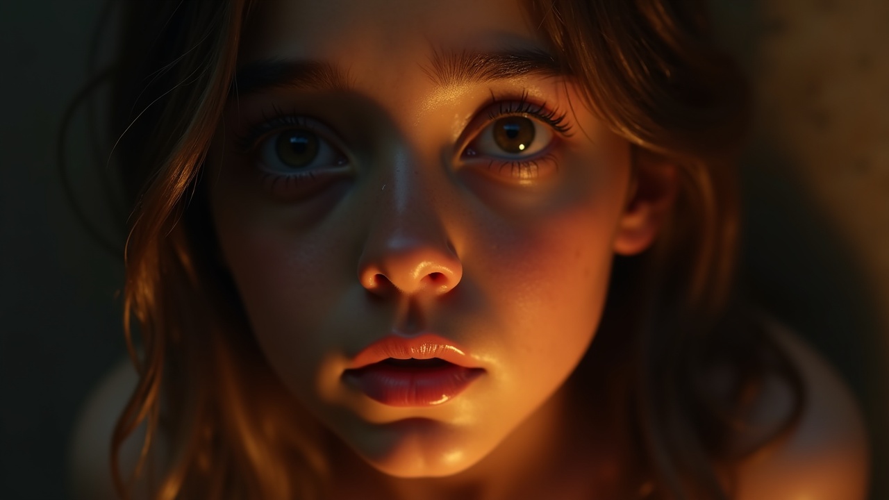 a close-up portrait of a young girl with dramatic, warm lighting casting shadows on her face, eyes wide open, capturing a sense of innocence and wonder