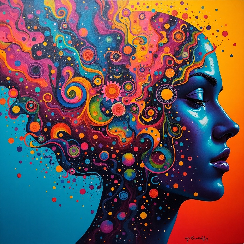 This artwork features a profile of a woman filled with vibrant colors and swirling patterns representing creativity and imagination. Her hair transforms into an explosion of colors, including blue, orange, and purple. The background fades from blue to orange, enhancing the silhouette effect. It evokes feelings of joy and inspiration through its intricate designs. This digital illustration embodies modern artistic expression through abstract elements and bright hues.