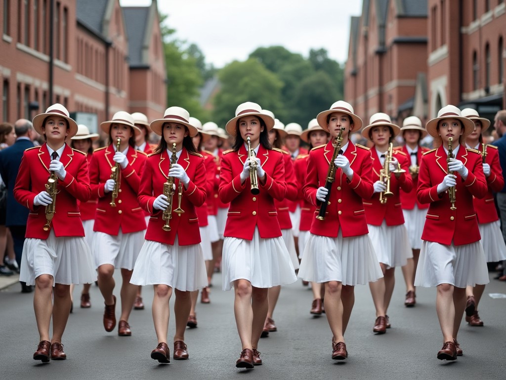 marching band in red uniforms walking in unison