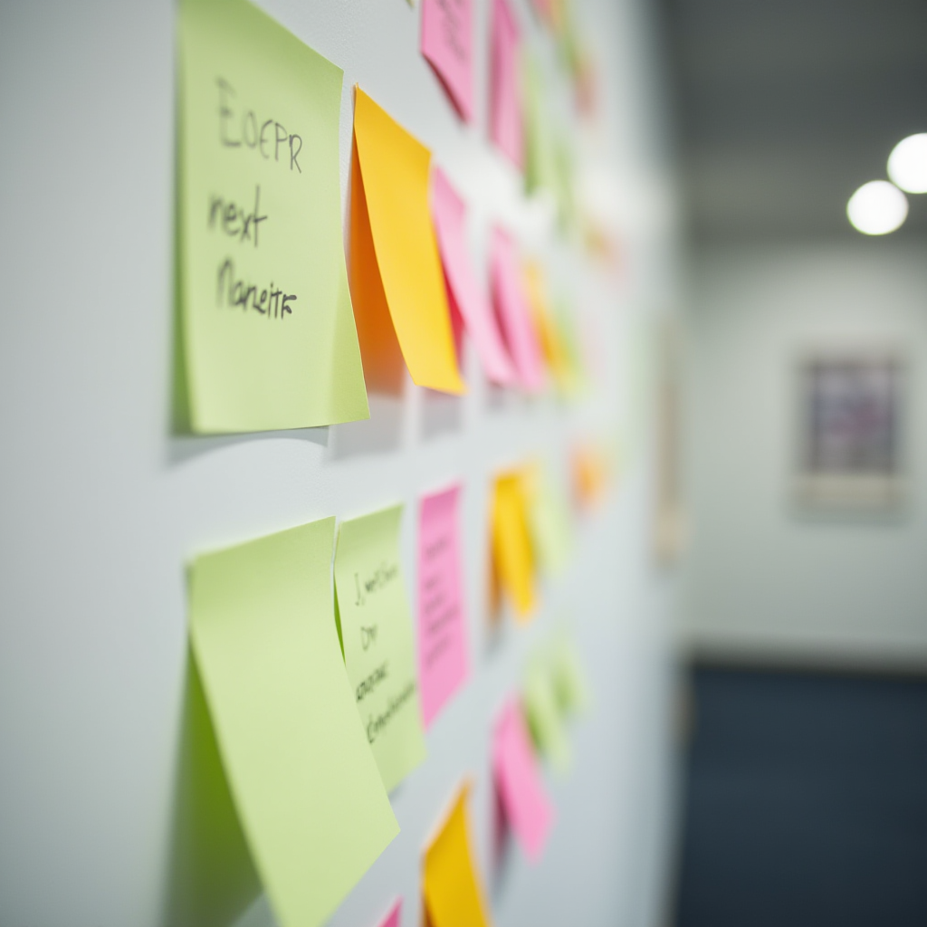 Colorful sticky notes cover a wall as part of a brainstorming or planning session.