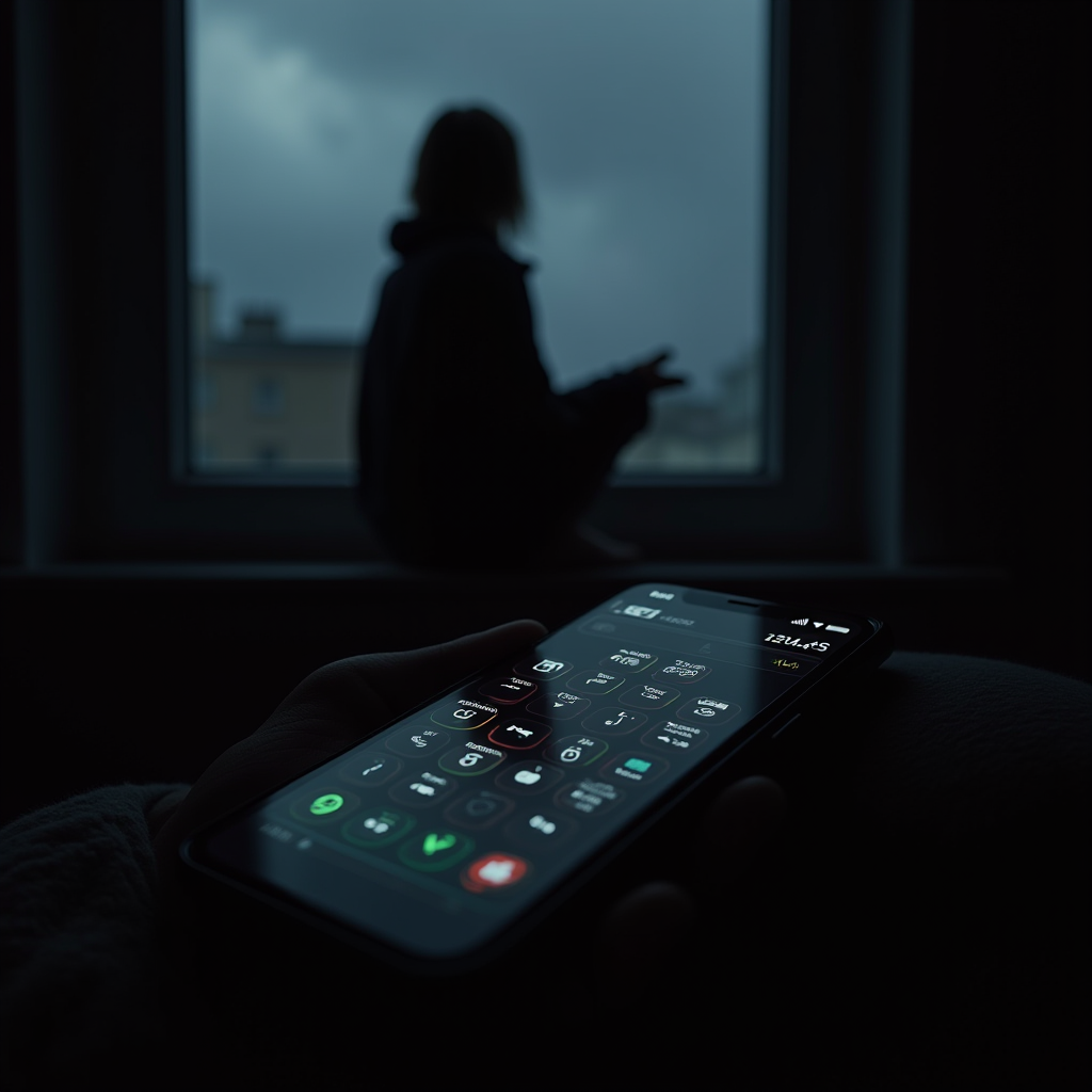 A person in silhouette looks out a window while a phone screen shows app icons.