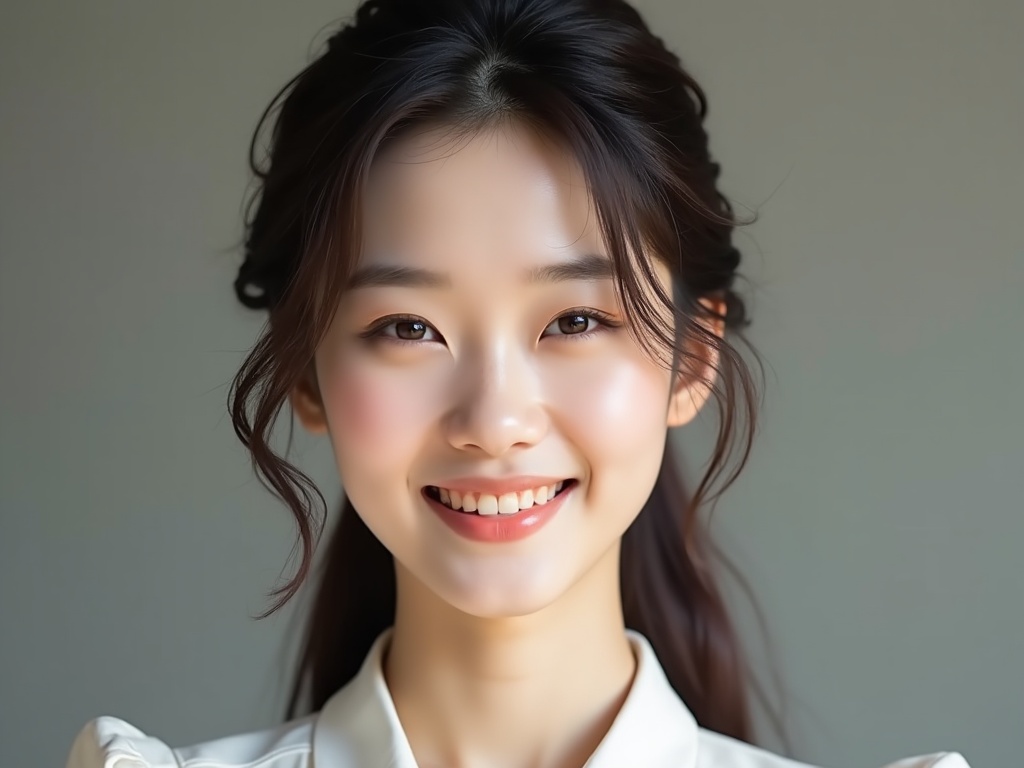 The image features a young woman with a warm smile, showcasing her friendly demeanor. She has long hair styled elegantly, with soft waves framing her face. The background is muted, placing emphasis on her features. The lighting is soft and inviting, highlighting her natural beauty. Her outfit is subtle yet chic, complementing her overall appearance.