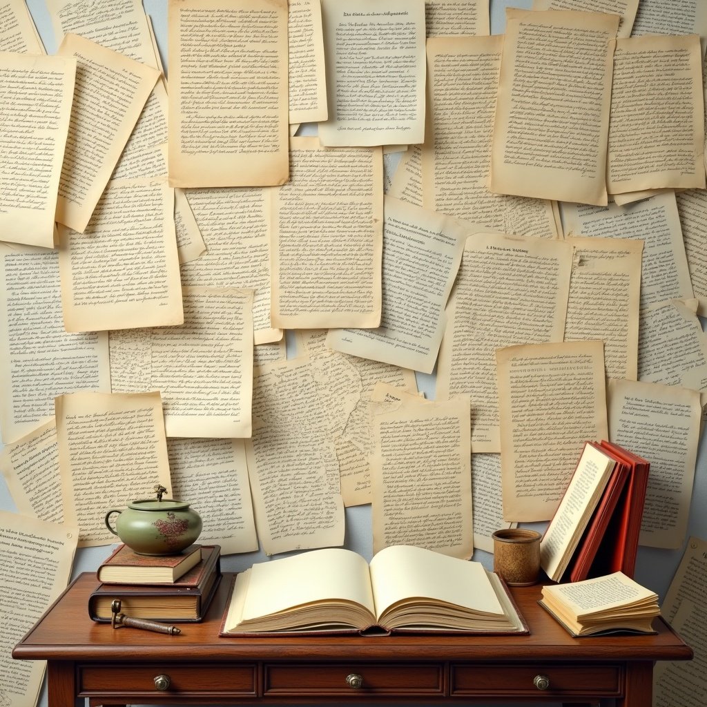 A collage featuring scattered letters and open books on a writing desk. Represents epistolary forms and innovative storytelling techniques. The desk has decorative items and books. The background is filled with many letters.