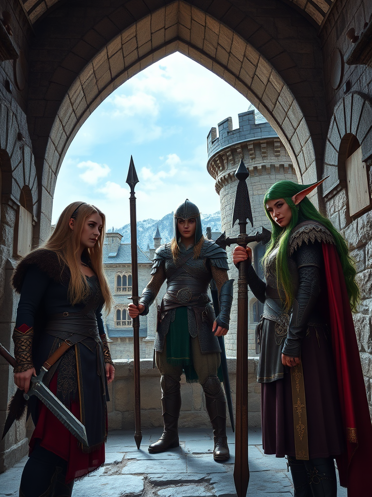 Three medieval warriors stand poised in castle archways, exuding an aura of strength and vigilance.