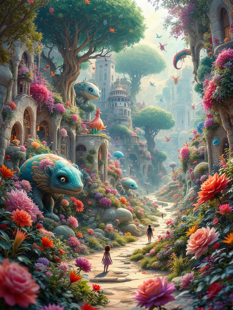 Surreal landscape with a dreamlike quality. Lush greenery filled with colorful flowers. Large whimsical creatures amidst vibrant scenery. Two children walking on a winding path.