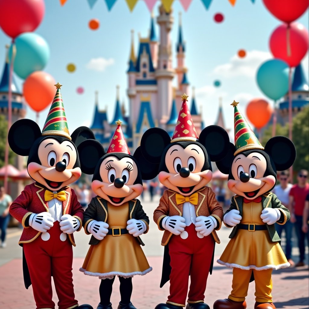 Colorful scene of Mickey Mouse characters celebrating. Four iconic characters wear party outfits. Castle in the background surrounded by festive decorations. Brightly lit atmosphere with balloons and flags.