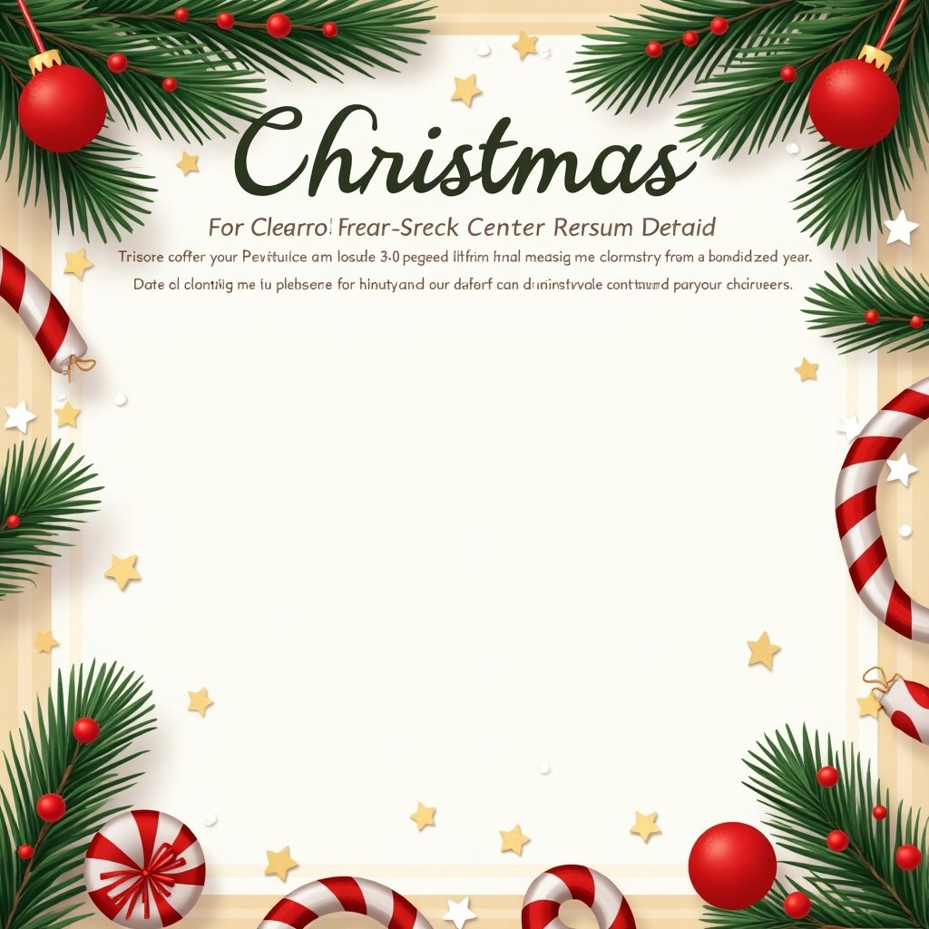 A Christmas poster for a school bazaar. Features festive decorations. Includes space to write details. Background includes evergreen branches and ornaments.