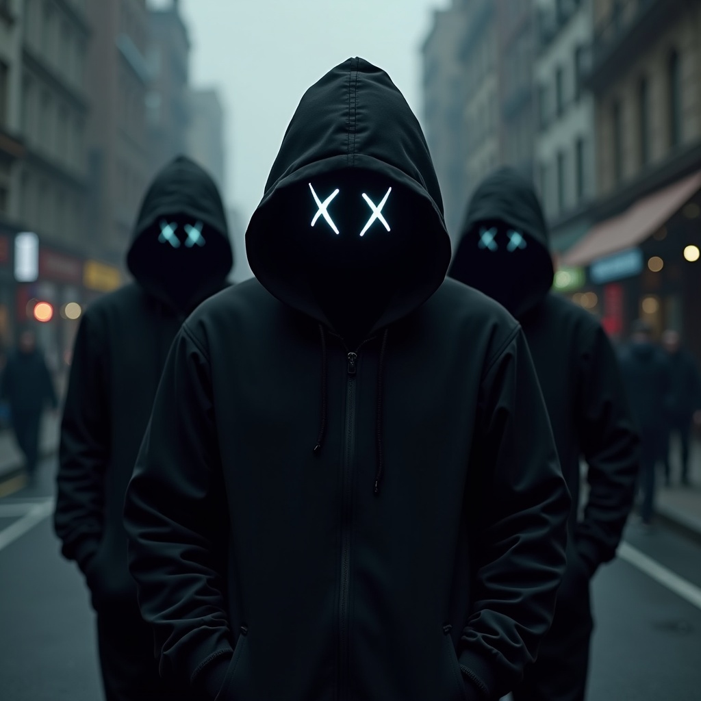 A mysterious figure wearing a black hoodie with glowing X-shaped eyes stands prominently in the foreground of a city street. The surrounding atmosphere is dim and foggy, enhancing the sense of intrigue and eeriness. Other shadowy figures in similar black hoodies can be seen slightly blurred in the background, creating a feeling of anonymity. The scene captures elements of hacker culture and urban mystique. The glowing eyes of the main figure serve as a striking focal point against the otherwise dark setting.