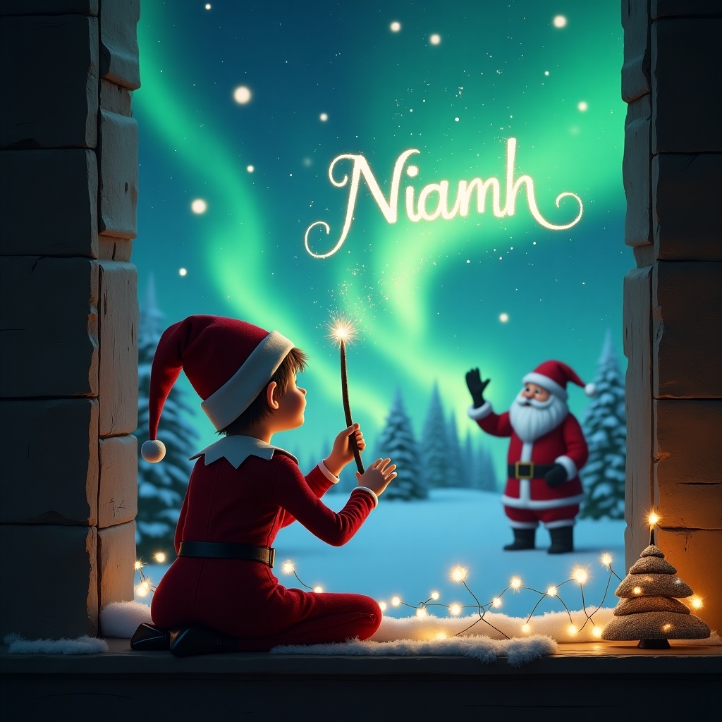 The image depicts a whimsical scene during Christmas. An elf on the shelf is seen from behind, seated near a window, gazing up at the sky. With a wand in hand, the elf is writing the name 'Niamh' in sparkling letters against a backdrop of the northern lights. Outside, Santa Claus is waving cheerfully. The setting is cozy with twinkling lights and a hint of snow on the ground, creating a magical holiday atmosphere. This enchanting scene captures the spirit of Christmas and childlike wonder.