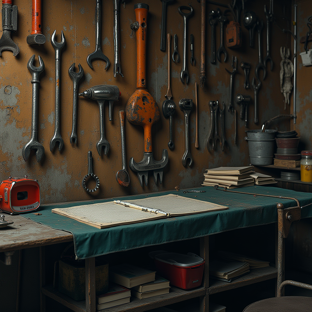 A workshop wall displays a variety of hanging tools above a desk with paperwork.