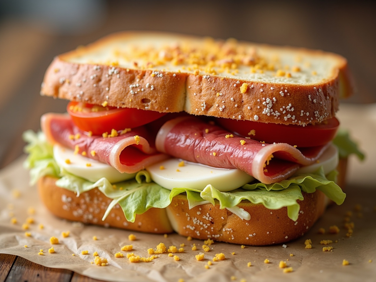 This is a delicious baked ciabatta sandwich layered with pastrami and mozzarella cheese. It features fresh slices of tomato and crisp iceberg lettuce. A generous spread of mayonnaise adds a creamy texture. The sandwich is topped with a sprinkle of breadcrumbs for added crunch. It’s presented on a piece of parchment paper, enhancing its rustic appeal.