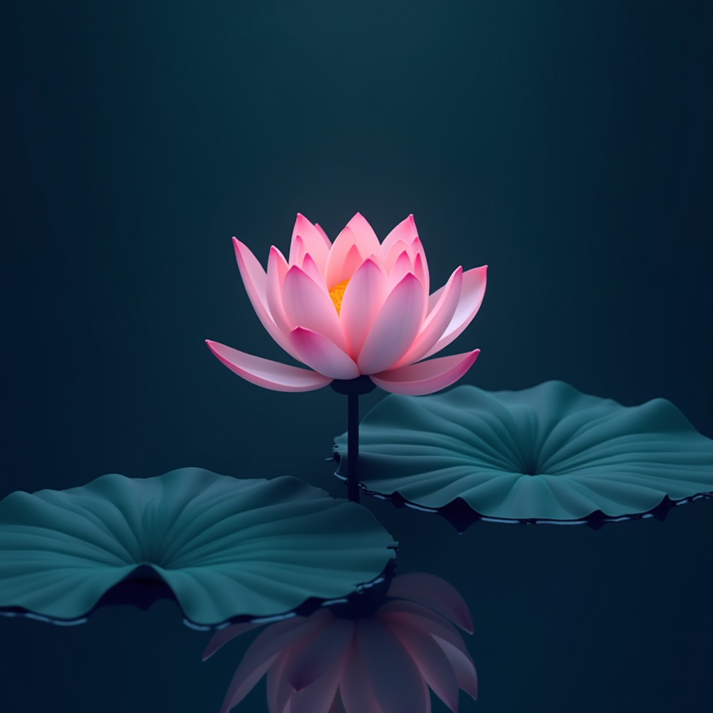 A serene pink lotus flower blooming on tranquil dark waters.