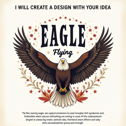 Graphic design features an eagle with floral elements and stars. Text at the top displays I WILL CREATE A DESIGN WITH YOUR IDEA. The word EAGLE is in bold letters with Flying in cursive font above it. Below the eagle is a quote by Hamza Mahmud Sheron about soaring eagles and capturing moments with precision.