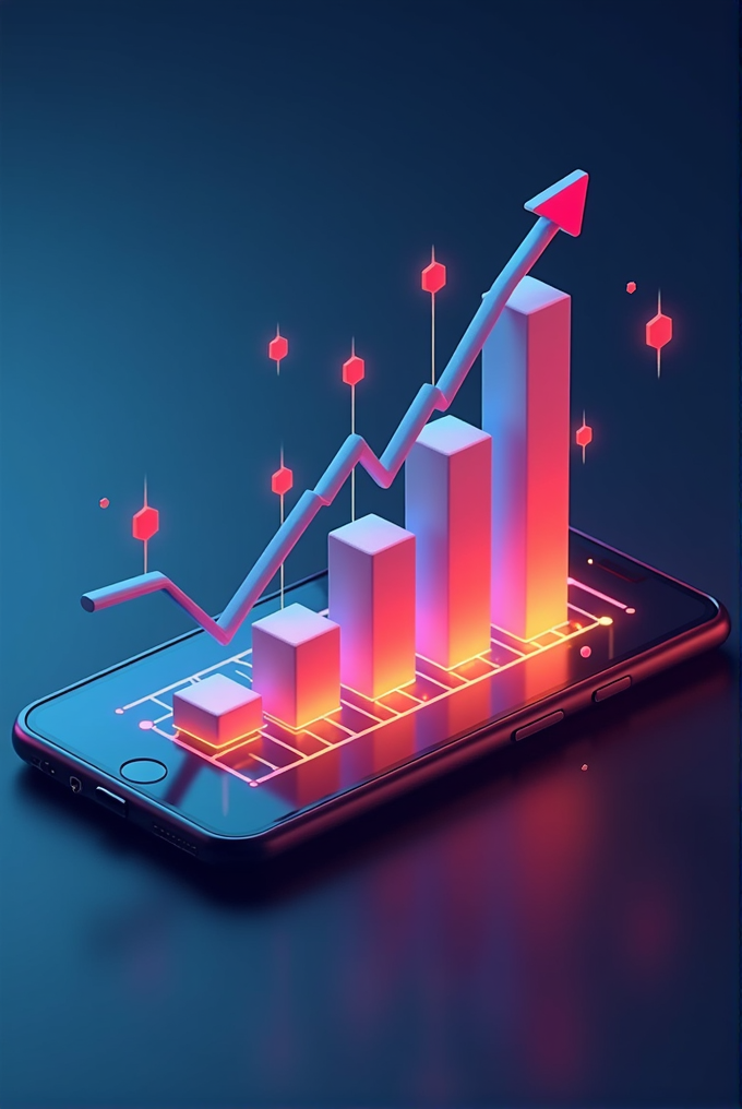 A glowing graph with an upward trend hovers over a smartphone screen, symbolizing digital growth.