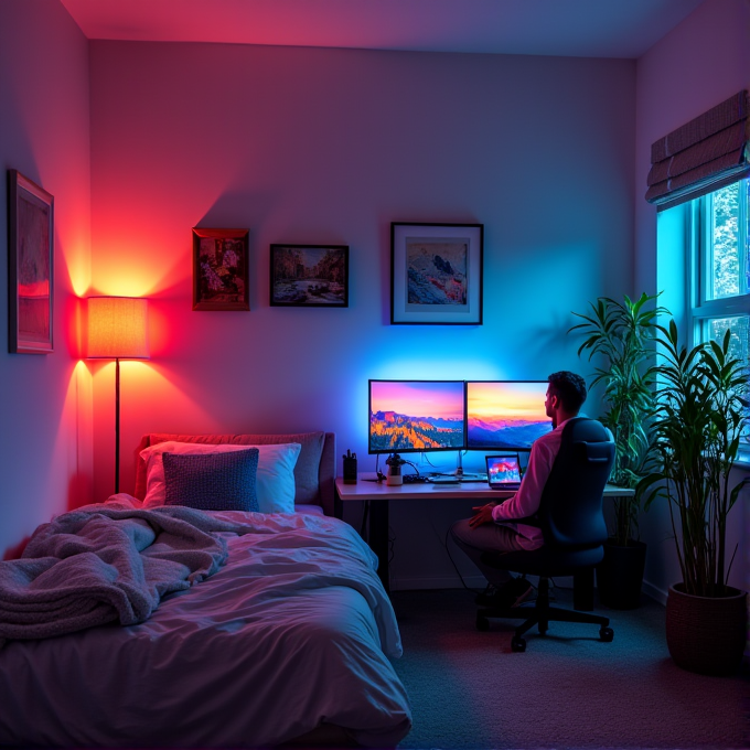 A person sits at a desk with two monitors and a laptop in a cozy room with colorful lighting.