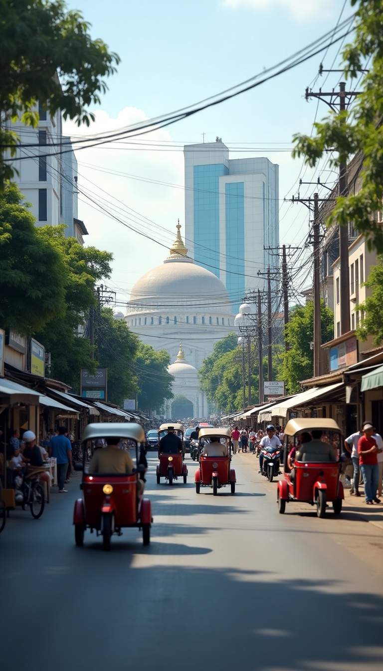 Highly realistic street-level scene recorded with a smartphone camera. Busy road in Banda Aceh. Various vehicles including traditional becaks, motorcycles, and cars. Pedestrians walk on sidewalks, some carry goods. Small roadside stalls sell snacks and drinks. Lively atmosphere with sounds of engines and conversations. Modern buildings and Masjid Baiturrahman visible in the background. Natural lighting reflects daily life.