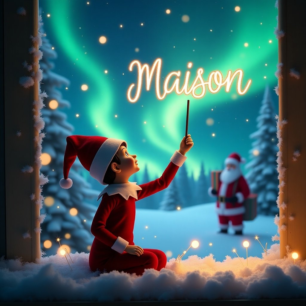 Enchanting Christmas scene with an elf on the shelf writing 'Maison' in the starry sky. Background features northern lights and Santa Claus with gifts. Snow-covered ground enhances the magical winter wonderland ambiance.