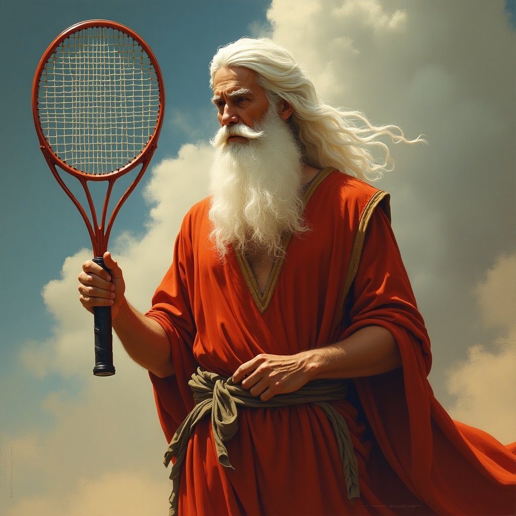 Moses depicted as a tennis player holding rackets. He wears a long flowing robe. The scene combines biblical and sporting elements. He stands confidently. The background is abstract. Bright colors emphasize the modern theme.