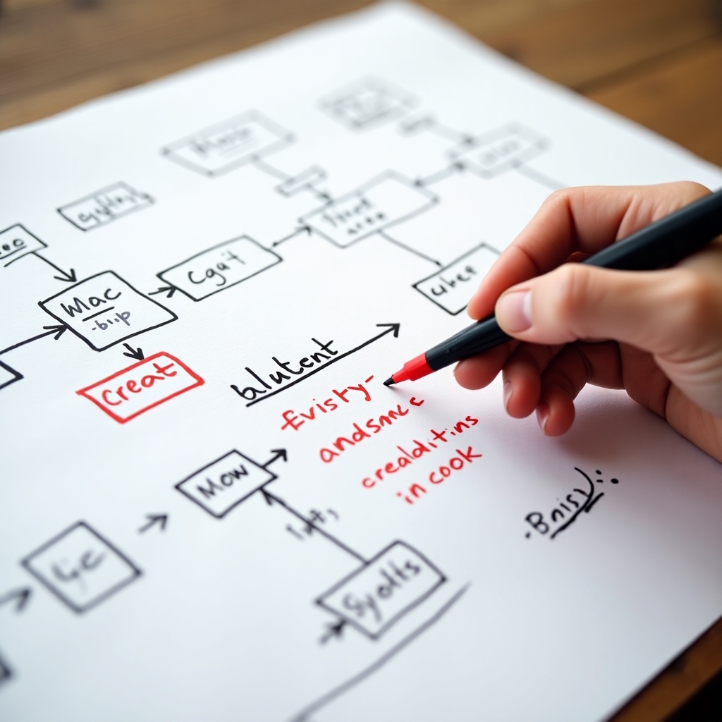 Image of a detailed flowchart with handwritten notes. A hand holds a black and red marker. The markers point to places with red exclamations on paper.