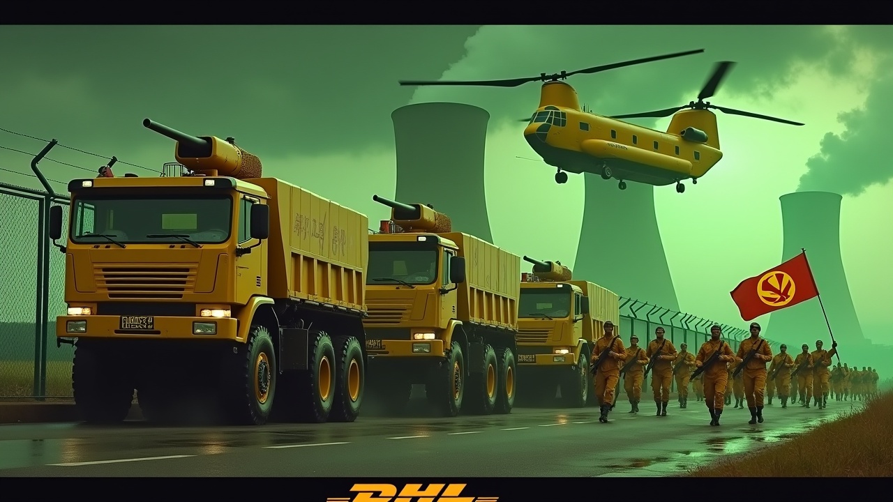 In a dramatic scene, several large yellow armored trucks with roof-mounted cannons drive alongside a fence. The trucks prominently display the DHL logo. Nearby, soldiers in yellow uniforms march together, some holding rifles, while one carries a large flag featuring the DHL logo. Behind them, the glowing green smokestacks of a nuclear power plant can be seen, adding to the eerie atmosphere. Above, a yellow Chinook helicopter flies, emphasizing the scene's intensity. The DHL logo is prominently featured at the bottom of the image.