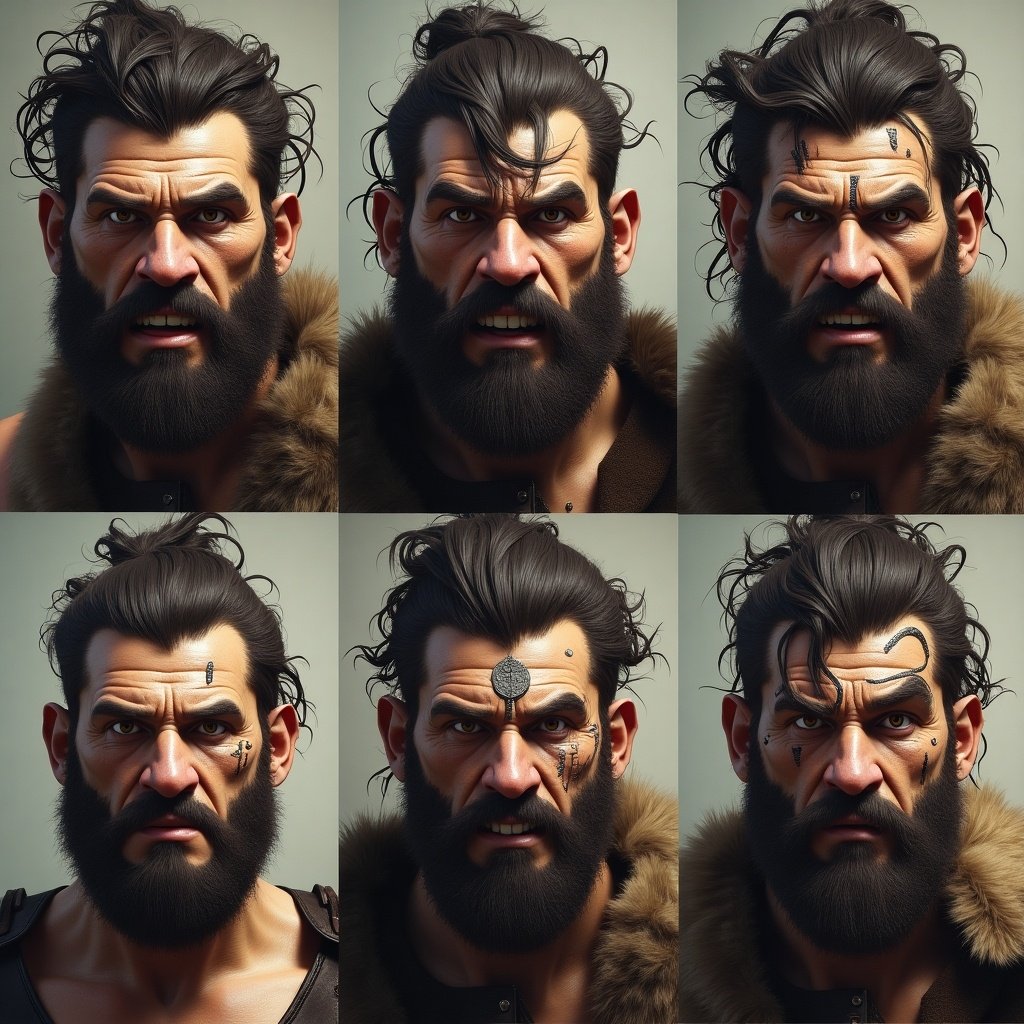 Collection of faces capturing various expressions of a barbarian character. Each face shows detailed features and a unique emotion. Strong bearded appearance with various tribal markings and hairstyles.