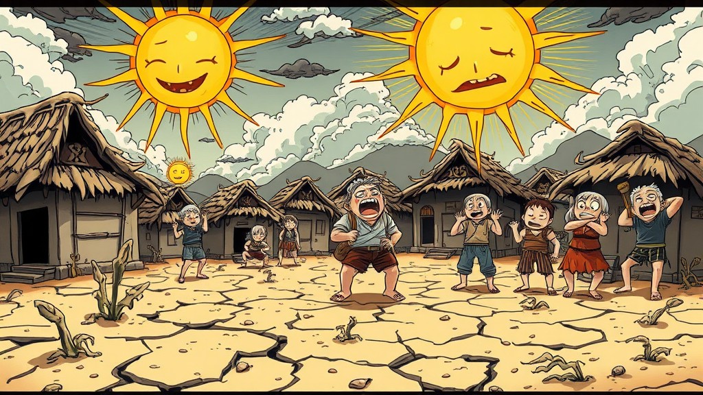 Children react humorously to a cartoon sun in a dry, parched village landscape.