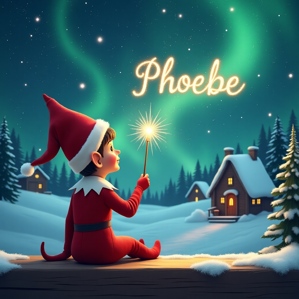 Elf in red outfit sits on wooden ledge. Elf gazes at magical sky. Elf holds sparkling wand. Wand writes name in stars. Background shows snowy landscape. Charming houses and evergreen trees present. Shimmering Northern Lights visible.