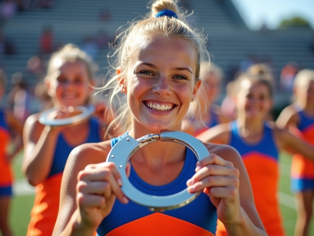 The image captures a cheerful female cheerleader prominently smiling while holding metal handcuffs. She is wearing a bright cheerleading outfit with vibrant colors of orange and blue. In the background, her fellow cheerleaders are actively engaged in a spirited cheerleading activity. The setting is a sports venue, indicating an event atmosphere. The sunlight beautifully highlights the exciting and lively expressions of all participants, contributing to a fun ambiance.