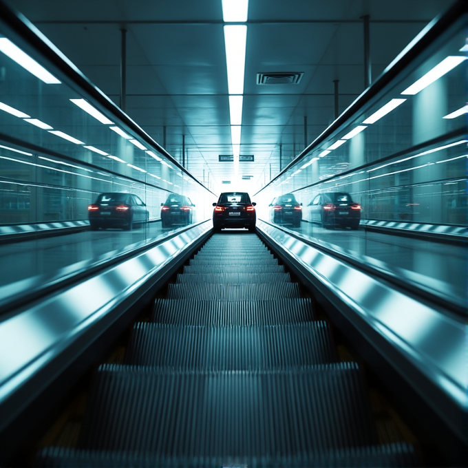 A car is strangely placed on an escalator in a futuristic setting with mirrored reflections.