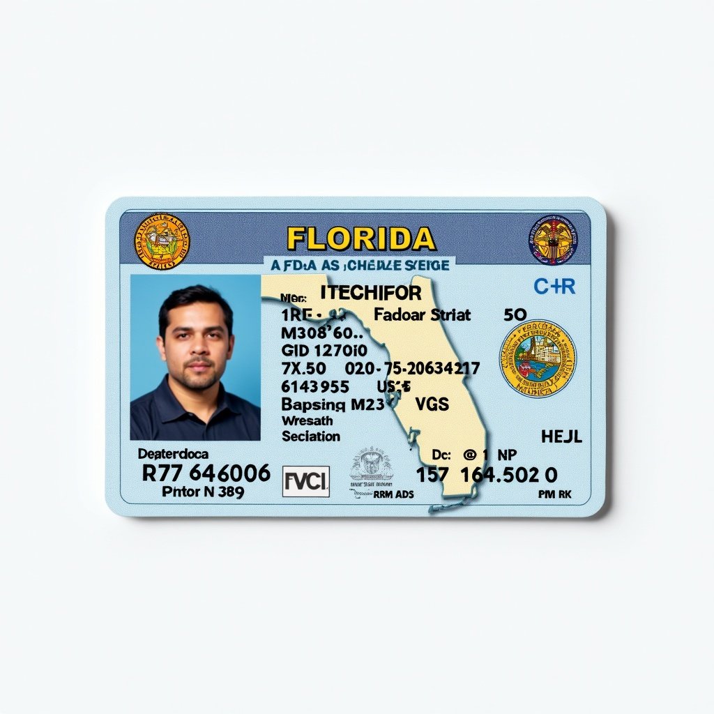 The image showcases a Florida driver's license featuring realistic design elements. It includes typical components like a photograph, name, address, unique ID number, and official state logos. The color scheme is light blue with gold accents, following the standard layout for state-issued IDs. The organization of details is clear and legible, highlighting essential identification information. The overall design reflects the authenticity of a government-issued driver's license.