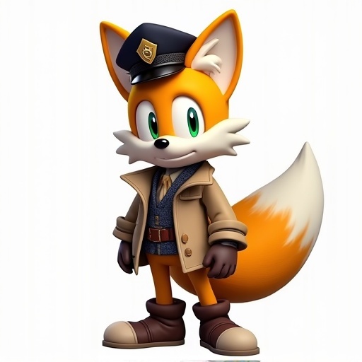 A fox character wearing a peaked cap and trenchcoat is depicted against a plain background. The character has a friendly smile and bright eyes. The outfit is detailed with brown tones and well-fitted. The character's fur is orange and white. The overall look resembles a cartoon-style detective.