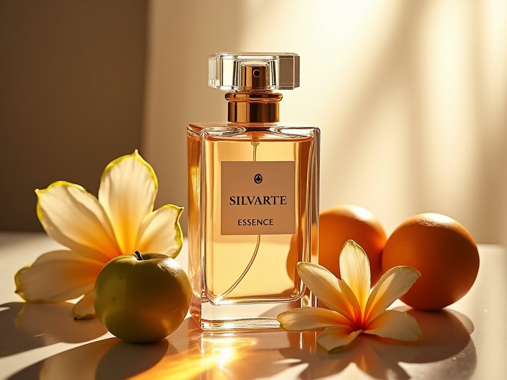 This image features a beautifully designed perfume bottle labeled 'Silvarte Essence.' It is placed on a smooth surface, accompanied by vibrant flowers and fruits. The flowers include soft yellow and white petals, while the fruits are green apples and oranges. The lighting is soft, creating a warm and inviting atmosphere. The arrangement evokes a sense of luxury and sophistication, making it ideal for promoting the fragrance. The overall feel of the image conveys freshness and allure, perfect for a cosmetic or fragrance advertisement.