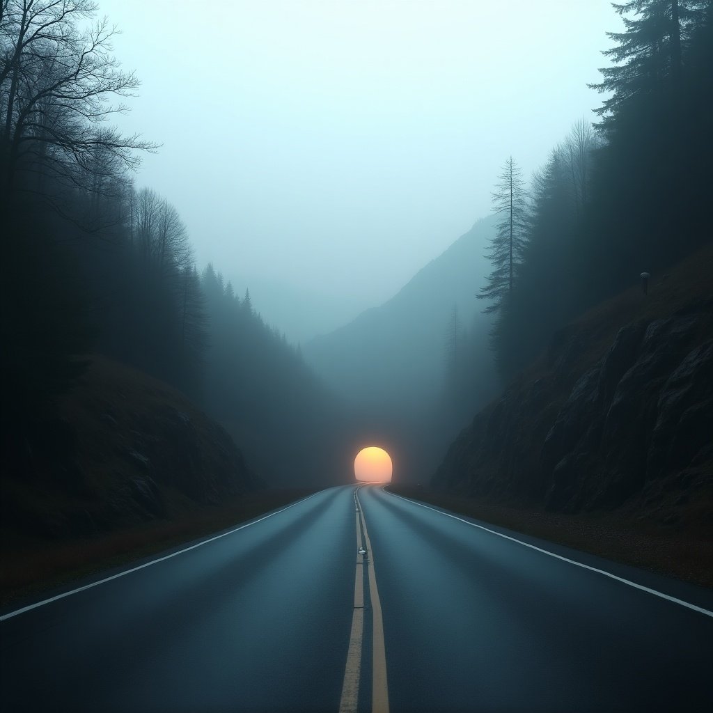 A road through fog leads to a tunnel. Mountains and trees surround the scene. The sun glows at the end of the tunnel.