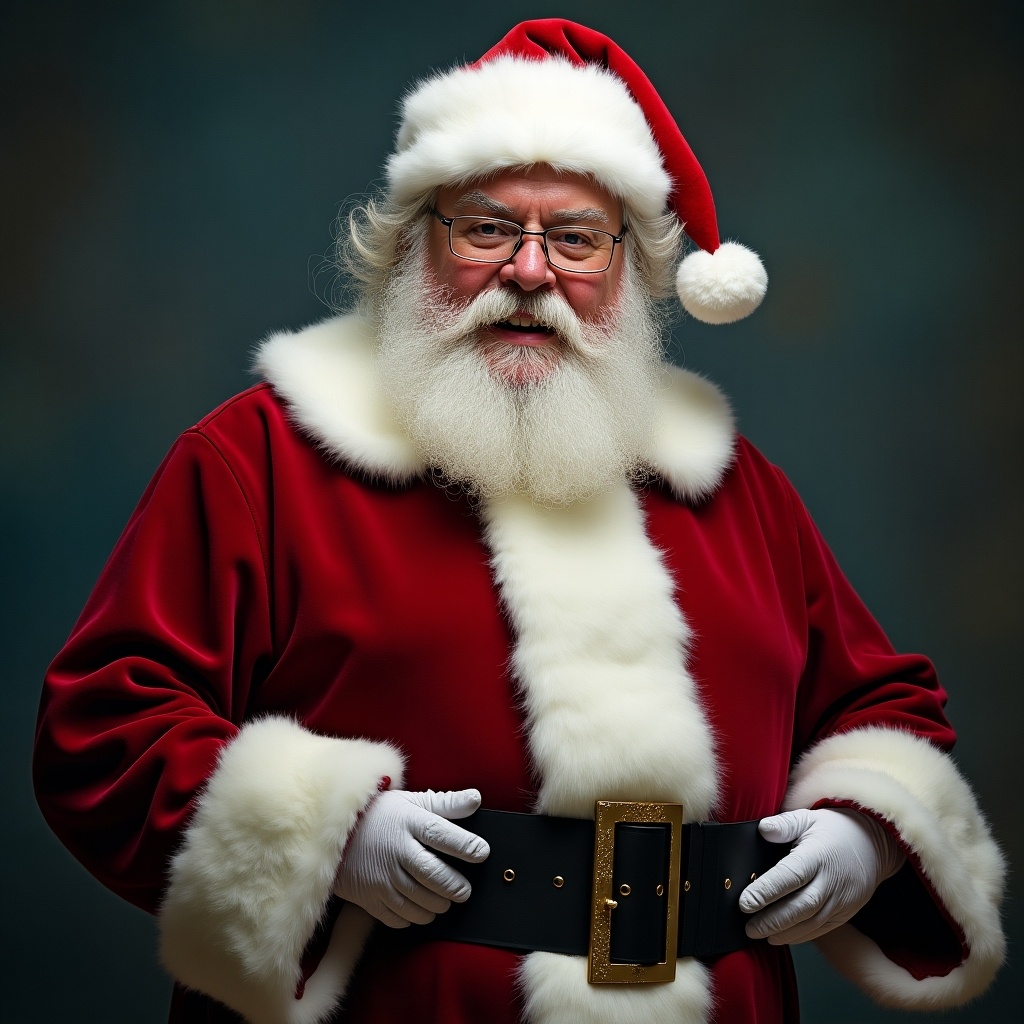 Santa Claus in a colorful outfit. Classic red and white costume with a fuzzy beard. Cheerful expression. Traditional Santa hat. Blurred background in muted tones.