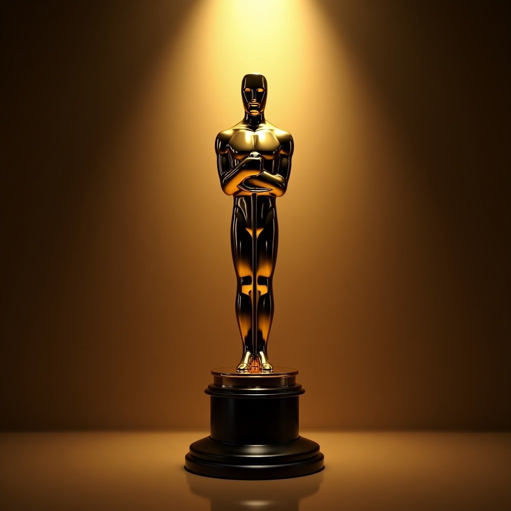 Image of a golden Oscar trophy with a spotlight. Trophy poses elegantly on a black base against a softly lit background. Iconic symbol of excellence in filmmaking. Luxurious atmosphere with gold, black, and brown colors. Slightly low perspective for a majestic feel.