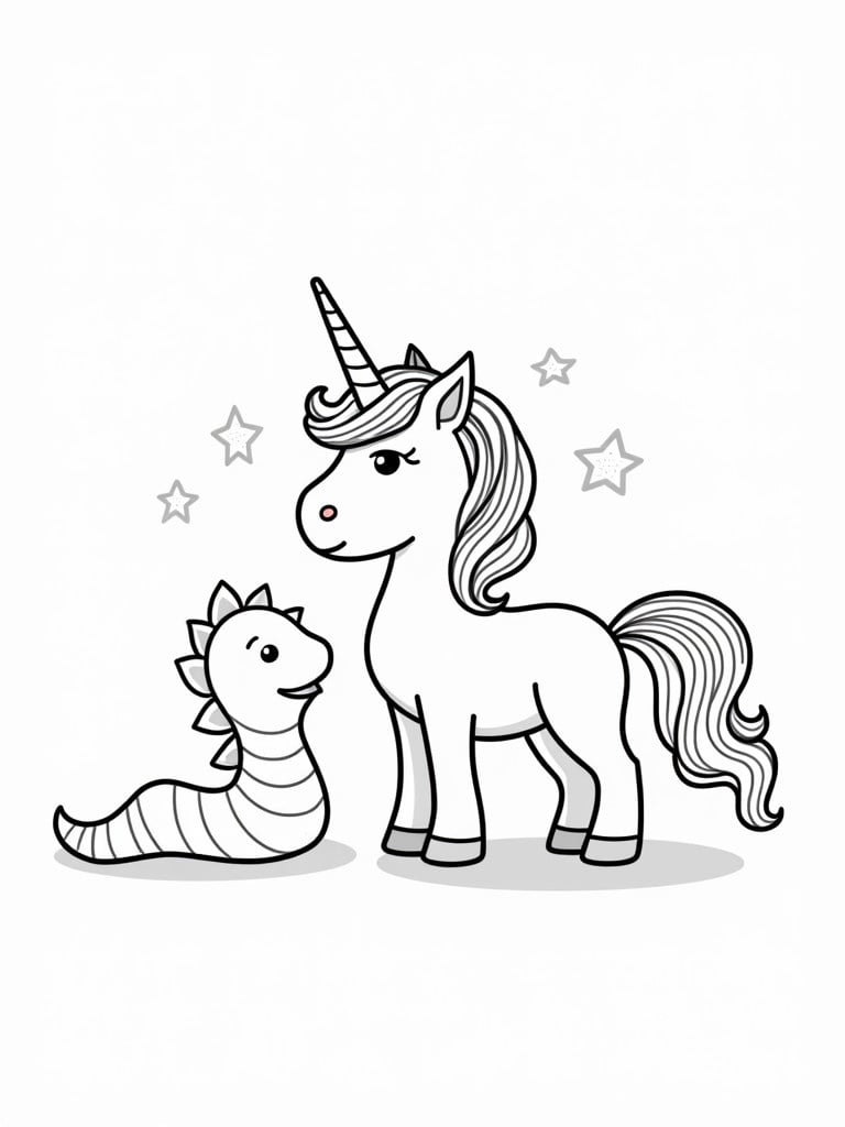 Line art illustration featuring a unicorn and a worm as friends. The unicorn has a horn and long flowing mane. The worm is curled up with a friendly expression. Background includes playful stars.