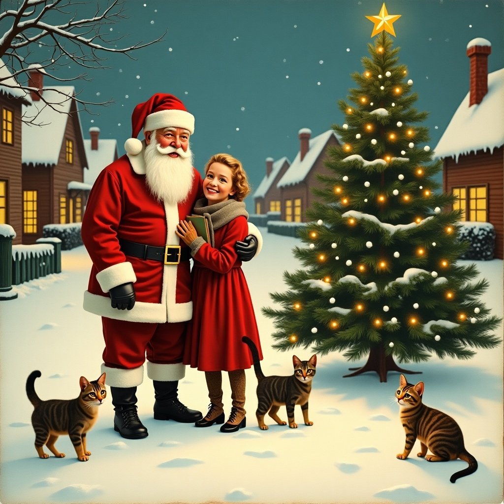 A vintage postcard captures a Christmas scene. Santa Claus stands with a grandmother and a young woman. Cats play in the snow nearby. Twinkling lights and an adorned Christmas tree create a festive atmosphere. The backdrop features snow-laden houses. The overall tone is warm and nostalgic.