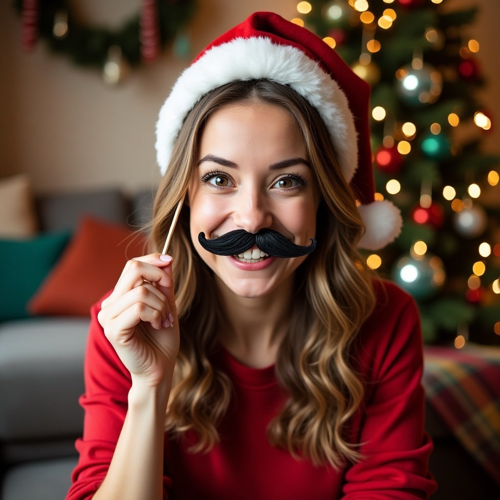 Joyful person in a red sweater and Christmas hat holds a pencil in a cozy room. Decorative Christmas tree lights create a festive atmosphere. Cheerful mood expressed with a playful question related to holiday behavior.