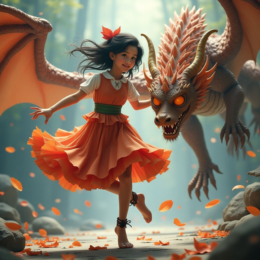 A girl in a vibrant orange dress dances joyfully with a fierce-looking dragon. The scene is filled with autumn leaves swirling around. The background features a mystical forest. The girl portrays confidence and wonder. The dragon has a majestic design with detailed scales and glowing eyes. Light filters through the foliage enhancing the magical ambiance.