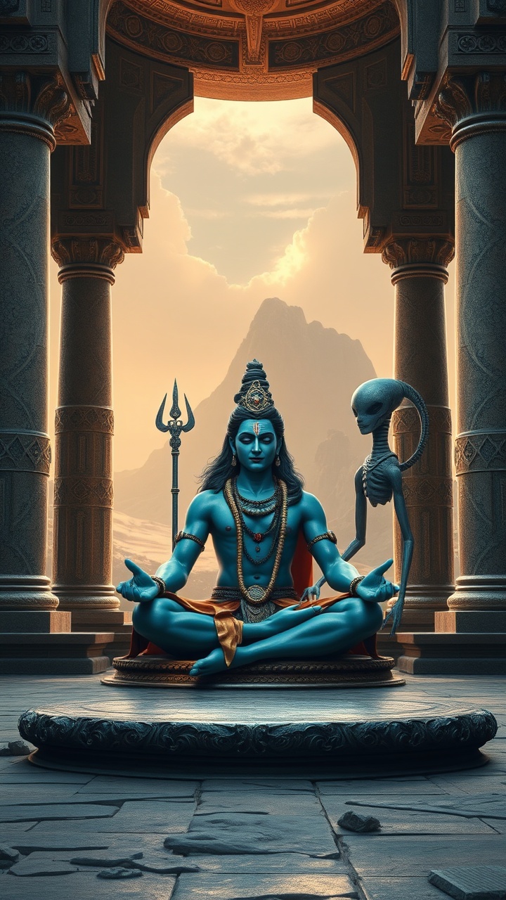 This digital artwork depicts a serene figure with blue skin sitting in a meditative pose, surrounded by ancient architectural arches. The background showcases a majestic mountain bathed in soft, warm light, enhancing the mystical atmosphere. The figure is adorned with necklaces and holds a trident, indicating spiritual significance.