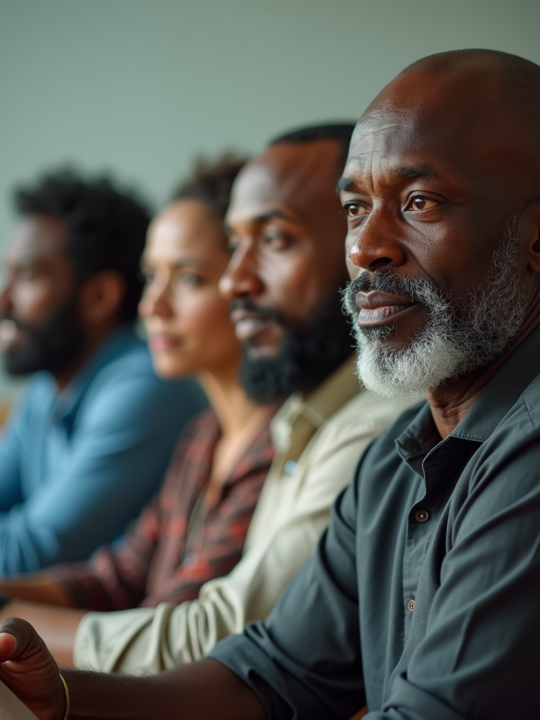 A group of diverse individuals sitting thoughtfully in a row, each lost in contemplation.