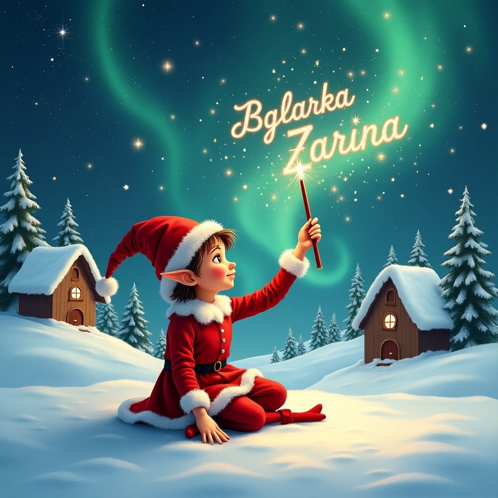 Elf sits on the snow in a red outfit with a pointed hat. Elf holds a sparkling wand writing names in the starry sky. Background features snowy landscape with charming houses and evergreen trees under Northern Lights.